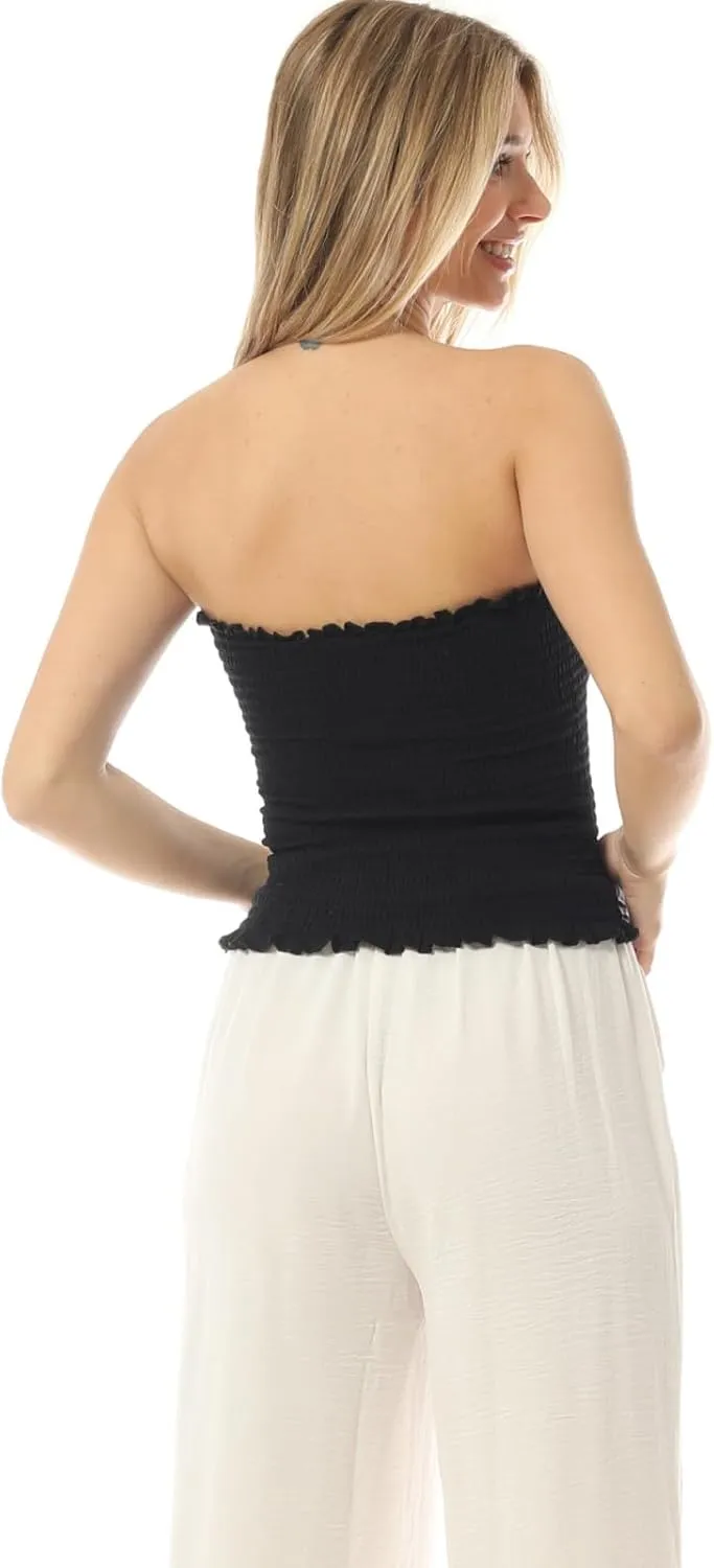 MixMatchy Women's Ruffled Smocking Crop Tube Tops Summer Casual Bandeau Top