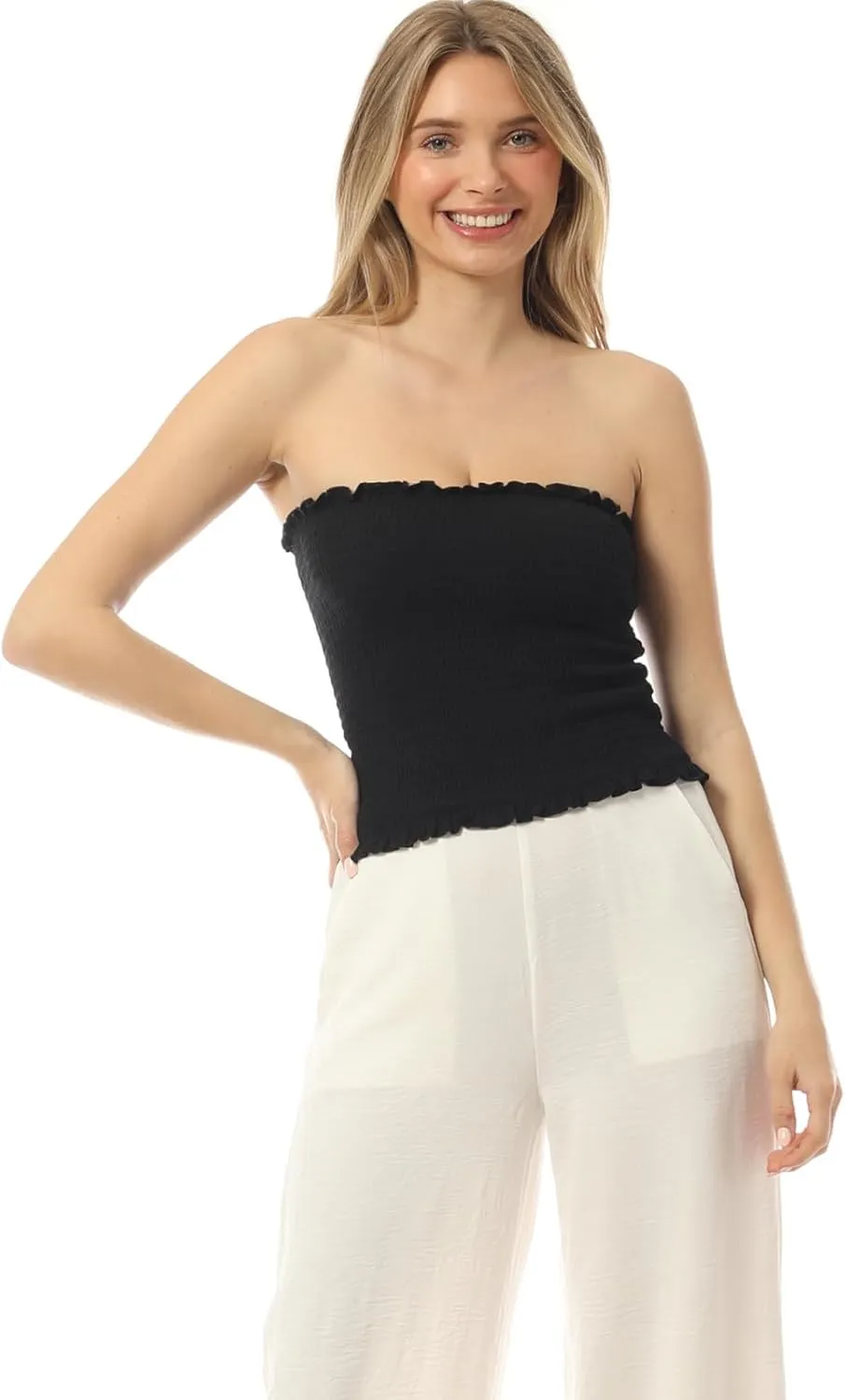 MixMatchy Women's Ruffled Smocking Crop Tube Tops Summer Casual Bandeau Top