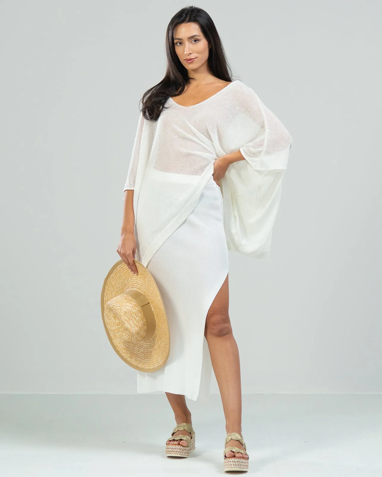 RESTOCKED | Side Split Elastic Waist Knitted Midi Skirt | White