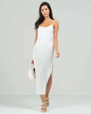 RESTOCKED | Side Split Elastic Waist Knitted Midi Skirt | White
