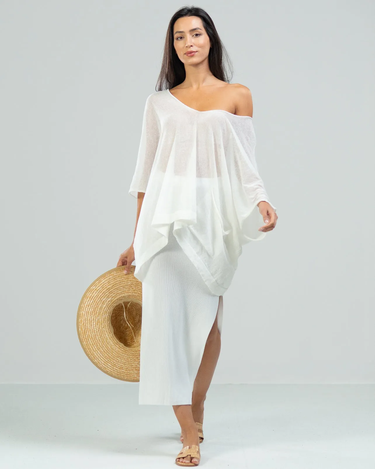 RESTOCKED | Side Split Elastic Waist Knitted Midi Skirt | White