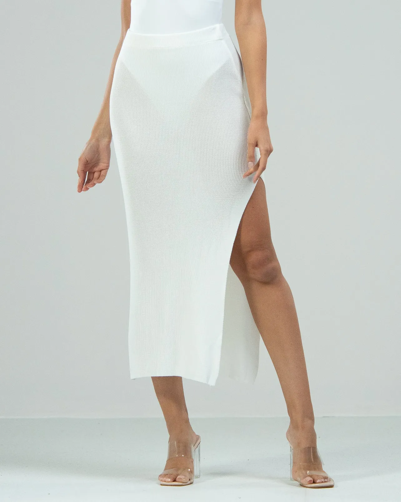 RESTOCKED | Side Split Elastic Waist Knitted Midi Skirt | White