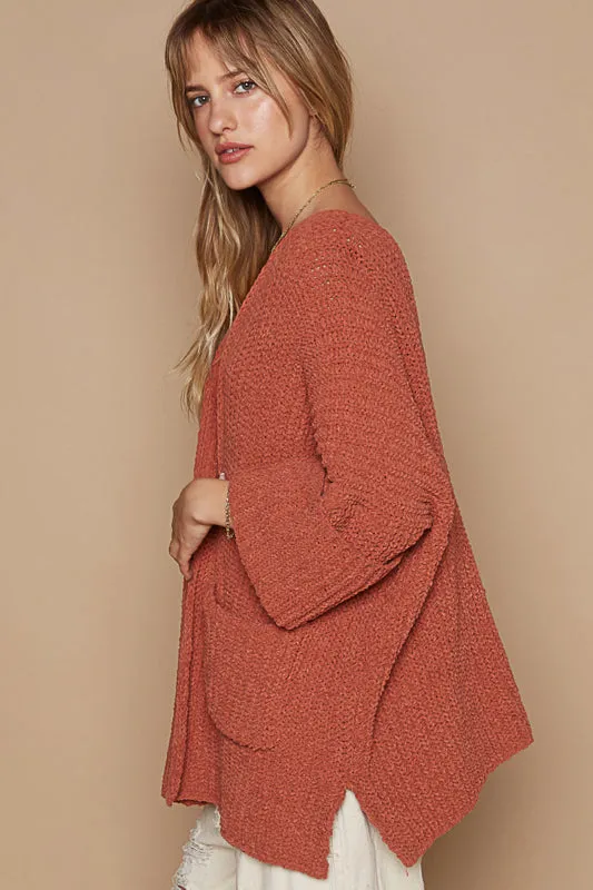 Wide Cuff Sleeve Chunky Knit Cardigan by POL - Brick