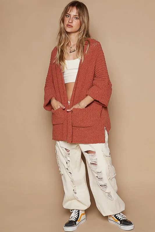 Wide Cuff Sleeve Chunky Knit Cardigan by POL - Brick