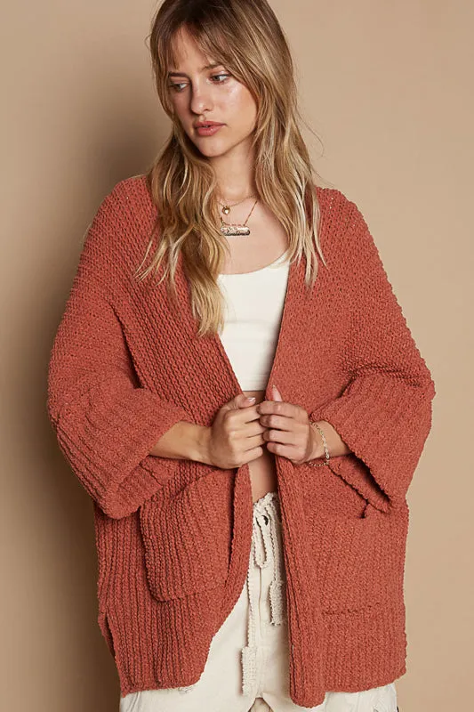Wide Cuff Sleeve Chunky Knit Cardigan by POL - Brick