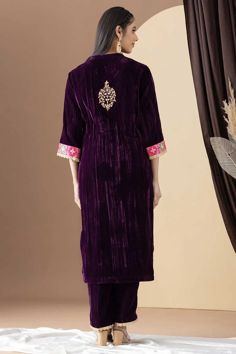 Wine Embroidered Crushed Velvet Kurta Set