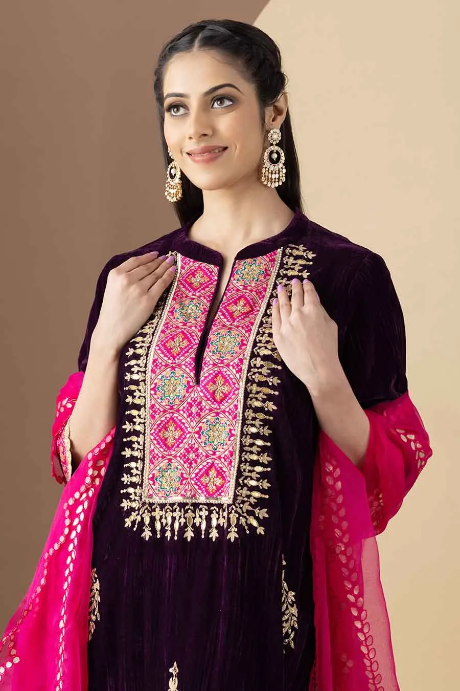 Wine Embroidered Crushed Velvet Kurta Set