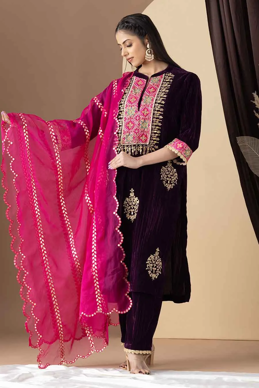 Wine Embroidered Crushed Velvet Kurta Set