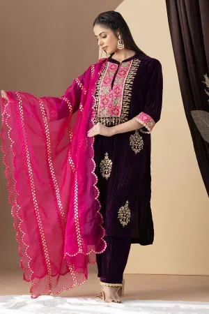 Wine Embroidered Crushed Velvet Kurta Set