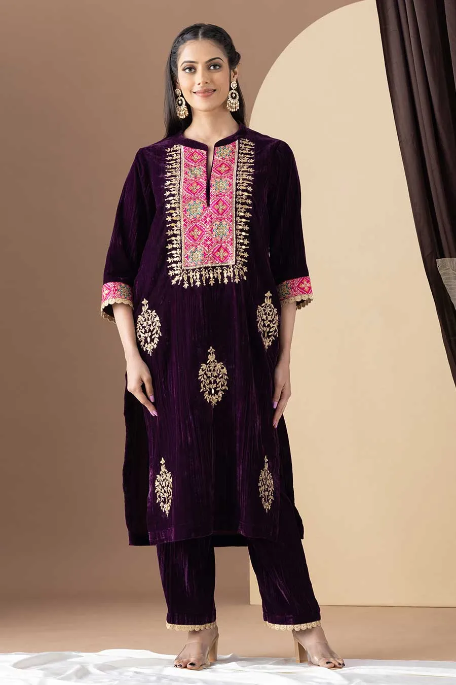 Wine Embroidered Crushed Velvet Kurta Set