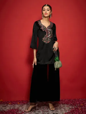 Women Black Velvet Front Multi Color Embroidered Short Kurta With Palazzo Pants