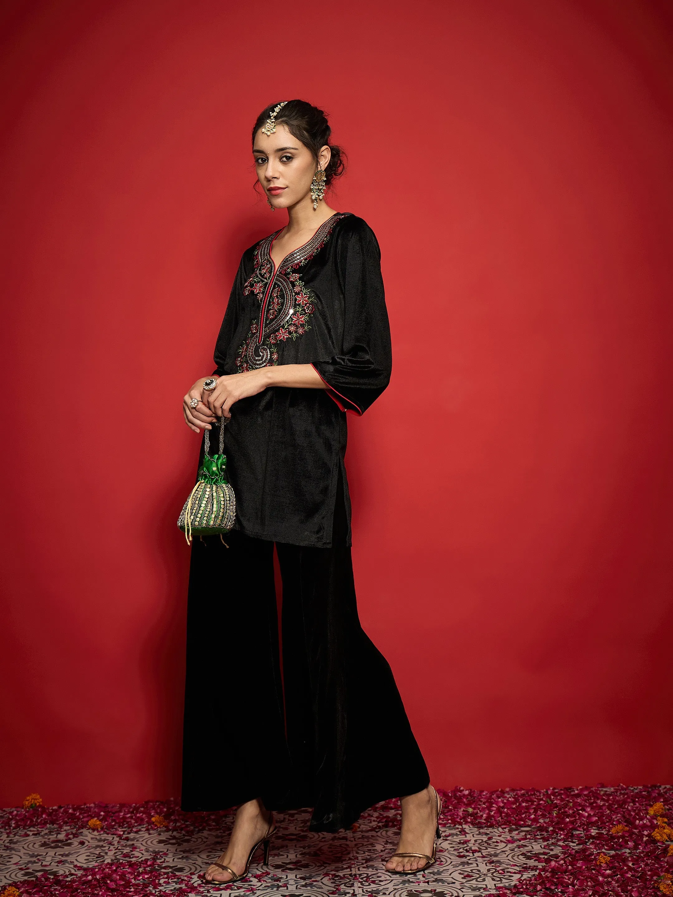 Women Black Velvet Front Multi Color Embroidered Short Kurta With Palazzo Pants