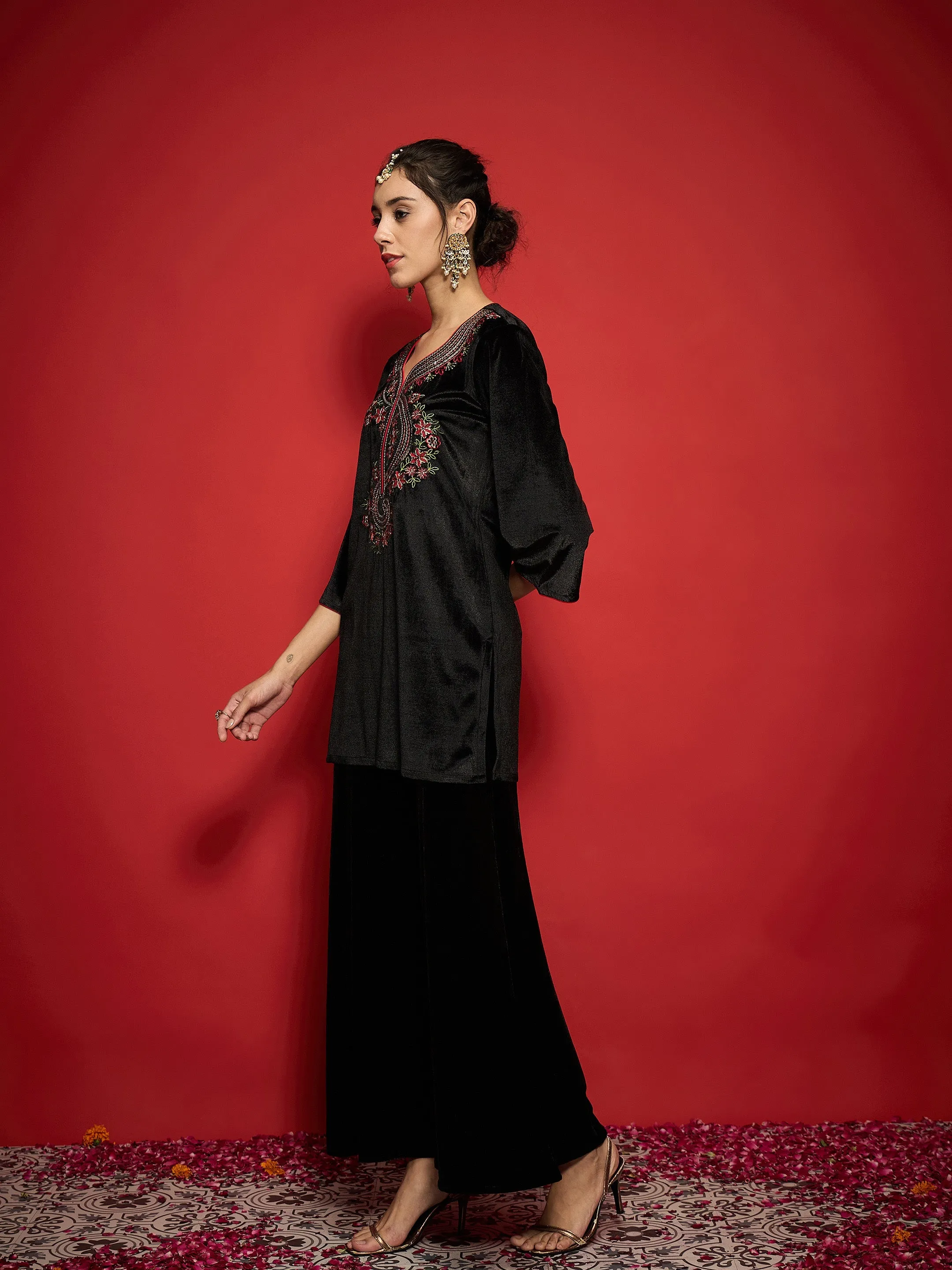Women Black Velvet Front Multi Color Embroidered Short Kurta With Palazzo Pants