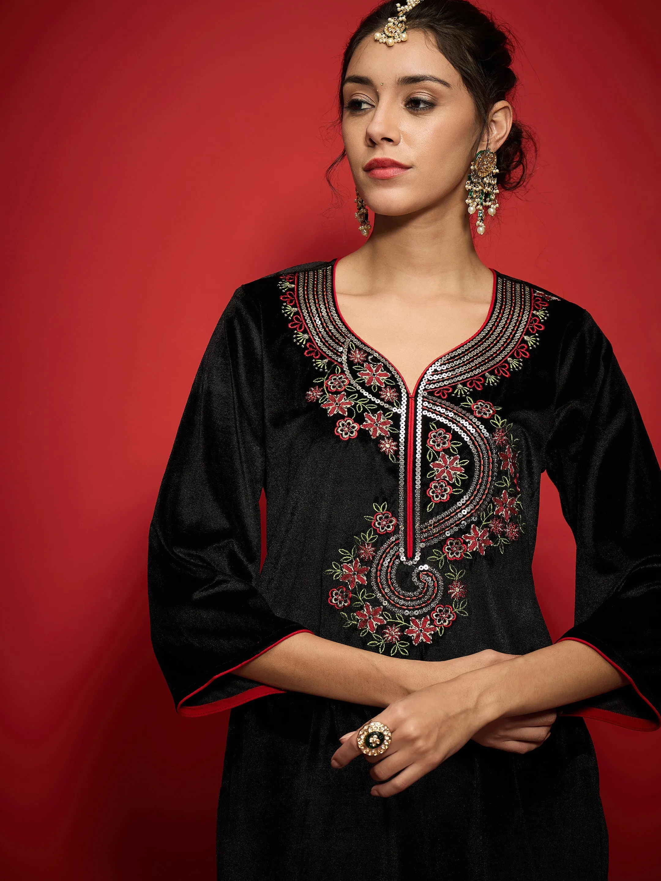Women Black Velvet Front Multi Color Embroidered Short Kurta With Palazzo Pants