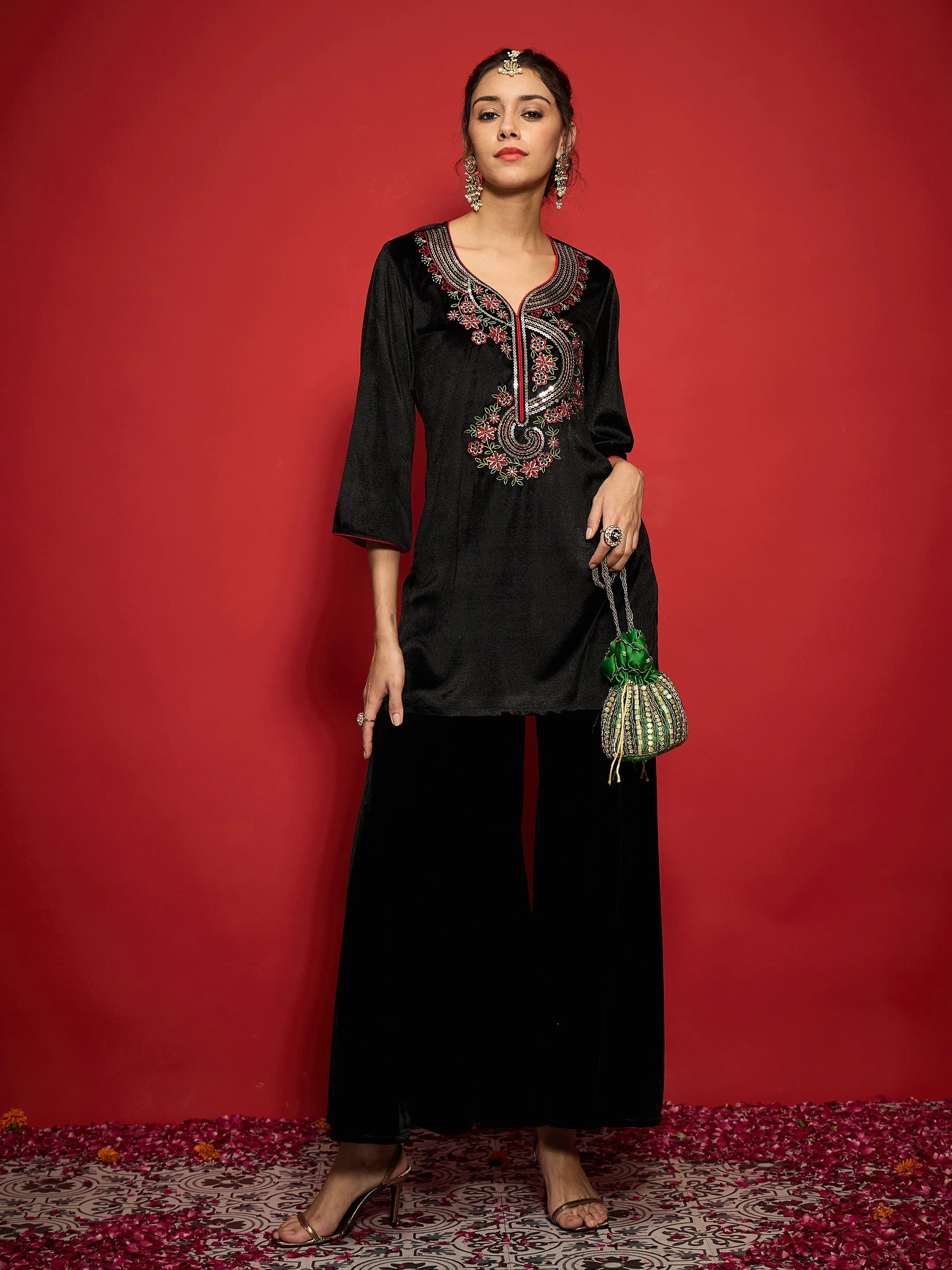 Women Black Velvet Front Multi Color Embroidered Short Kurta With Palazzo Pants