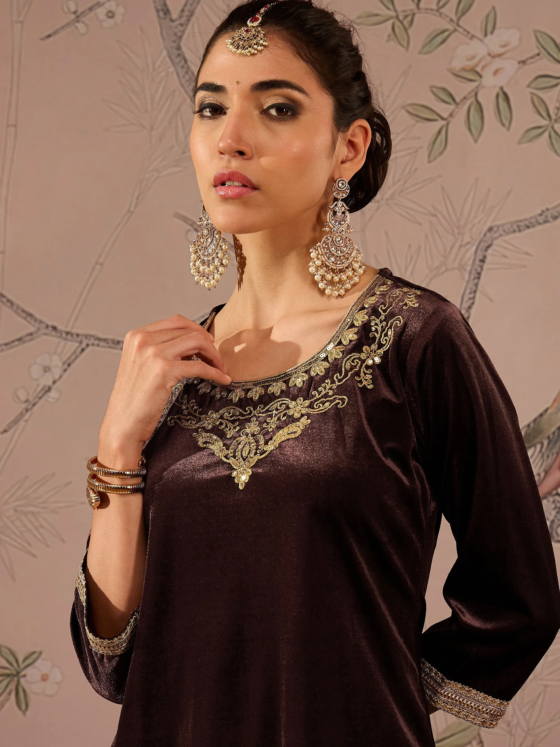 Women Brown Velvet Embroidered Short Kurta With Palazzo Pants