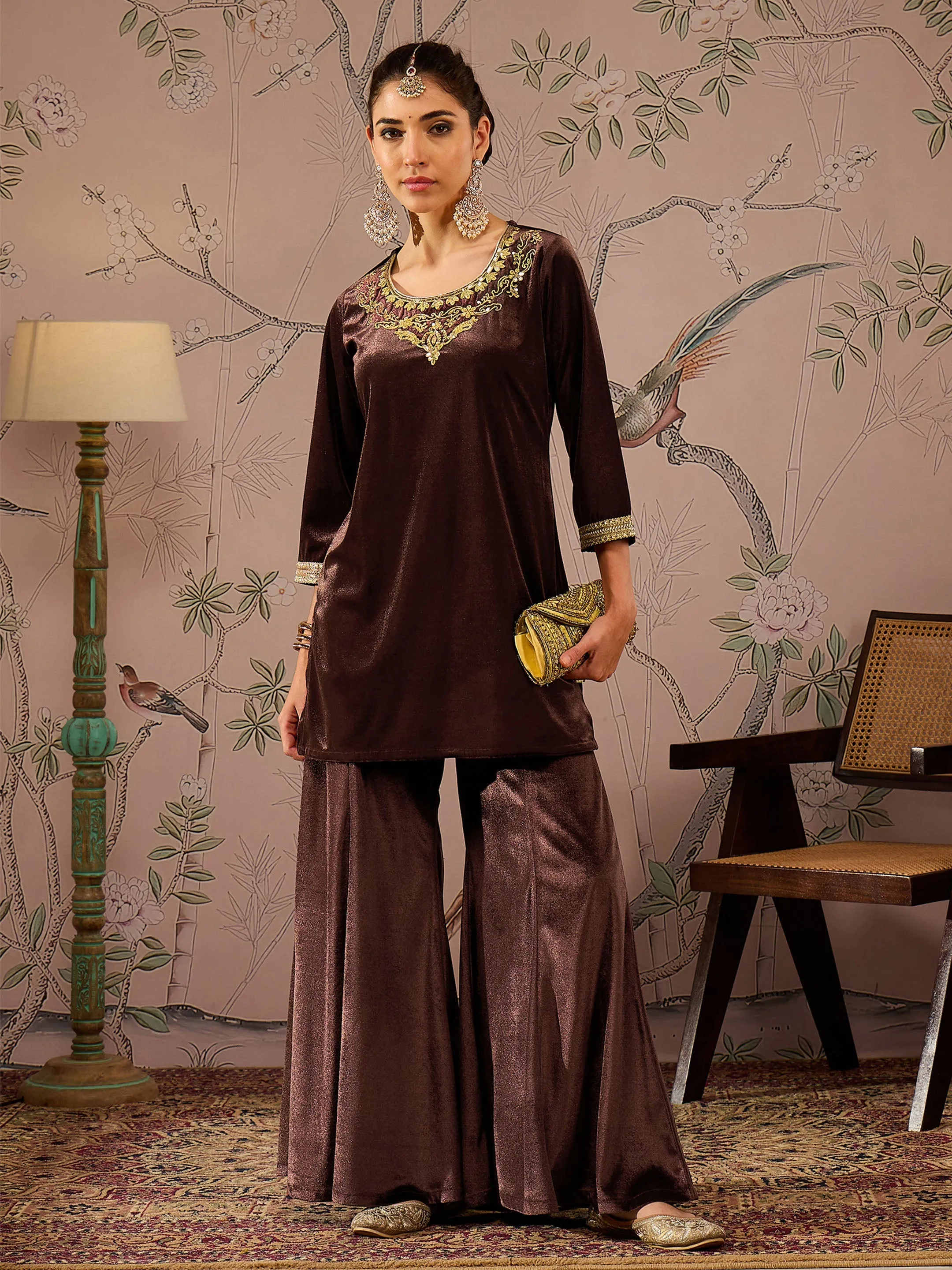 Women Brown Velvet Embroidered Short Kurta With Palazzo Pants