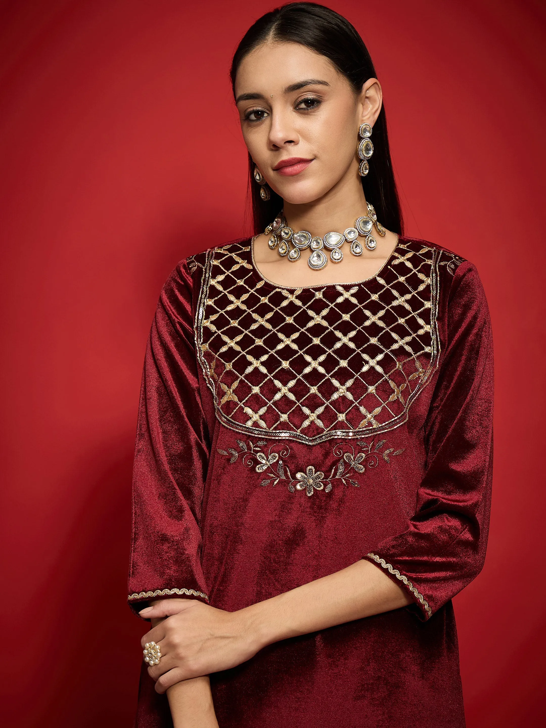 Women Maroon Velvet Front Embroidered Short Kurta With Palazzo Pants