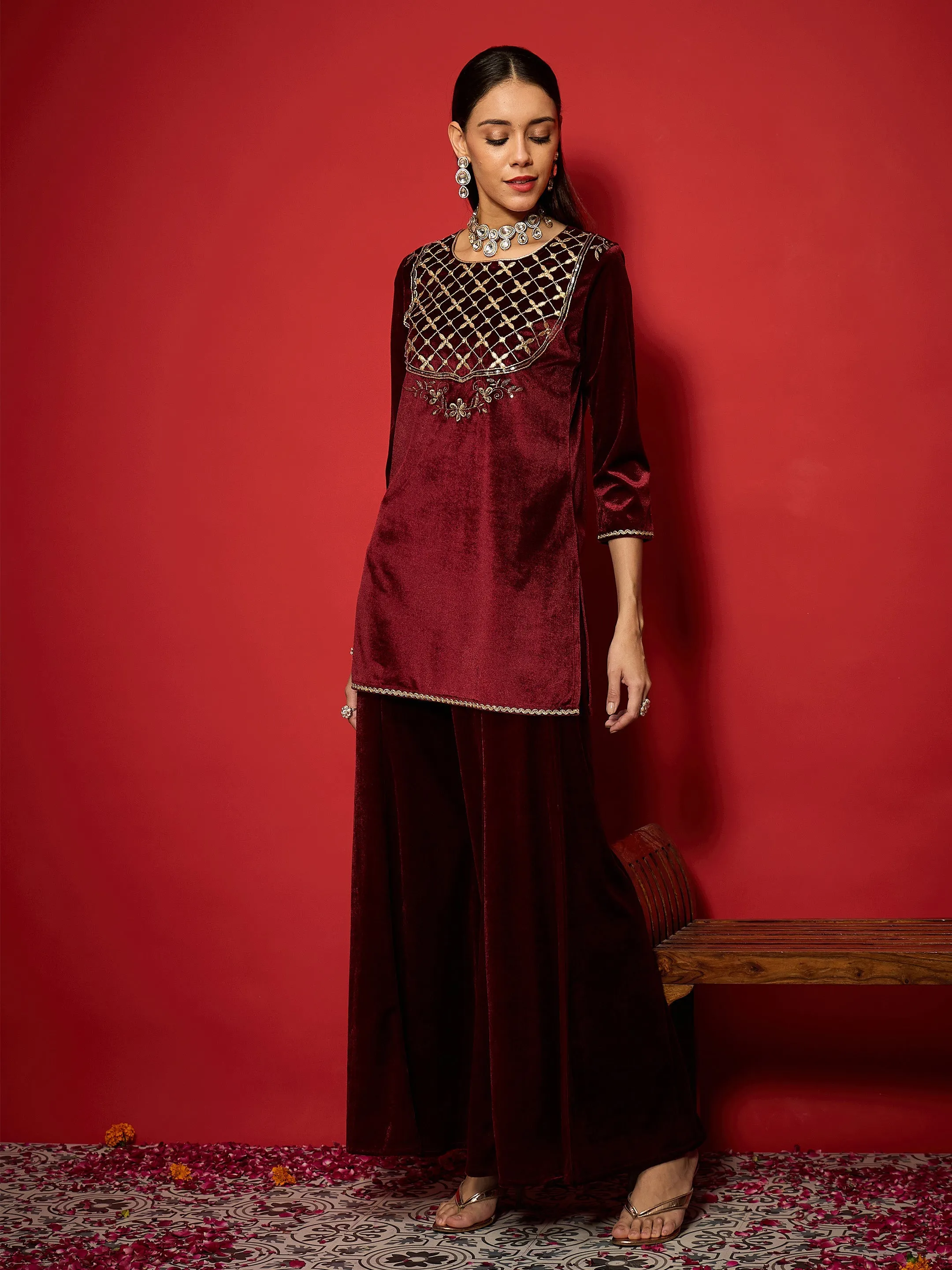 Women Maroon Velvet Front Embroidered Short Kurta With Palazzo Pants
