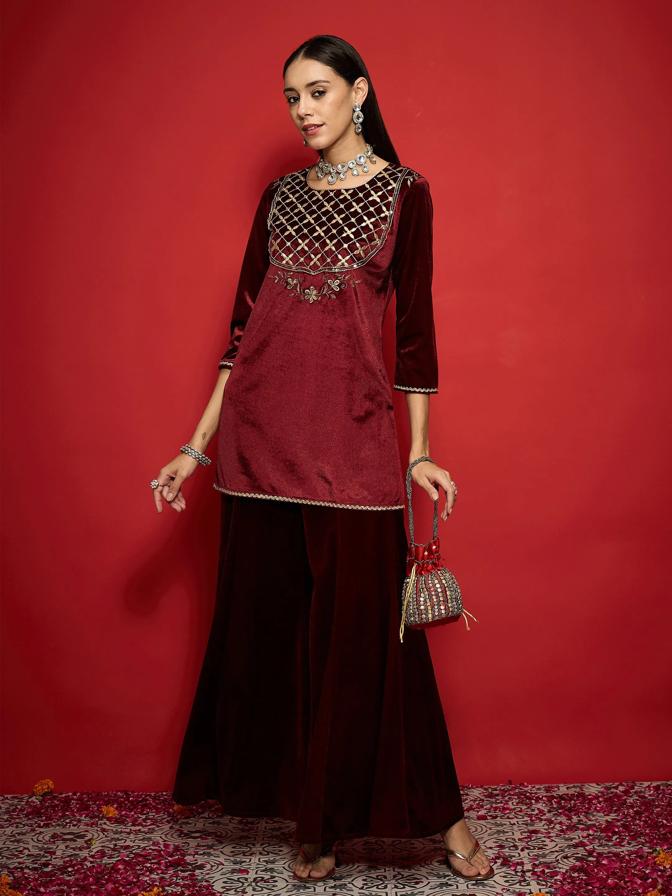 Women Maroon Velvet Front Embroidered Short Kurta With Palazzo Pants