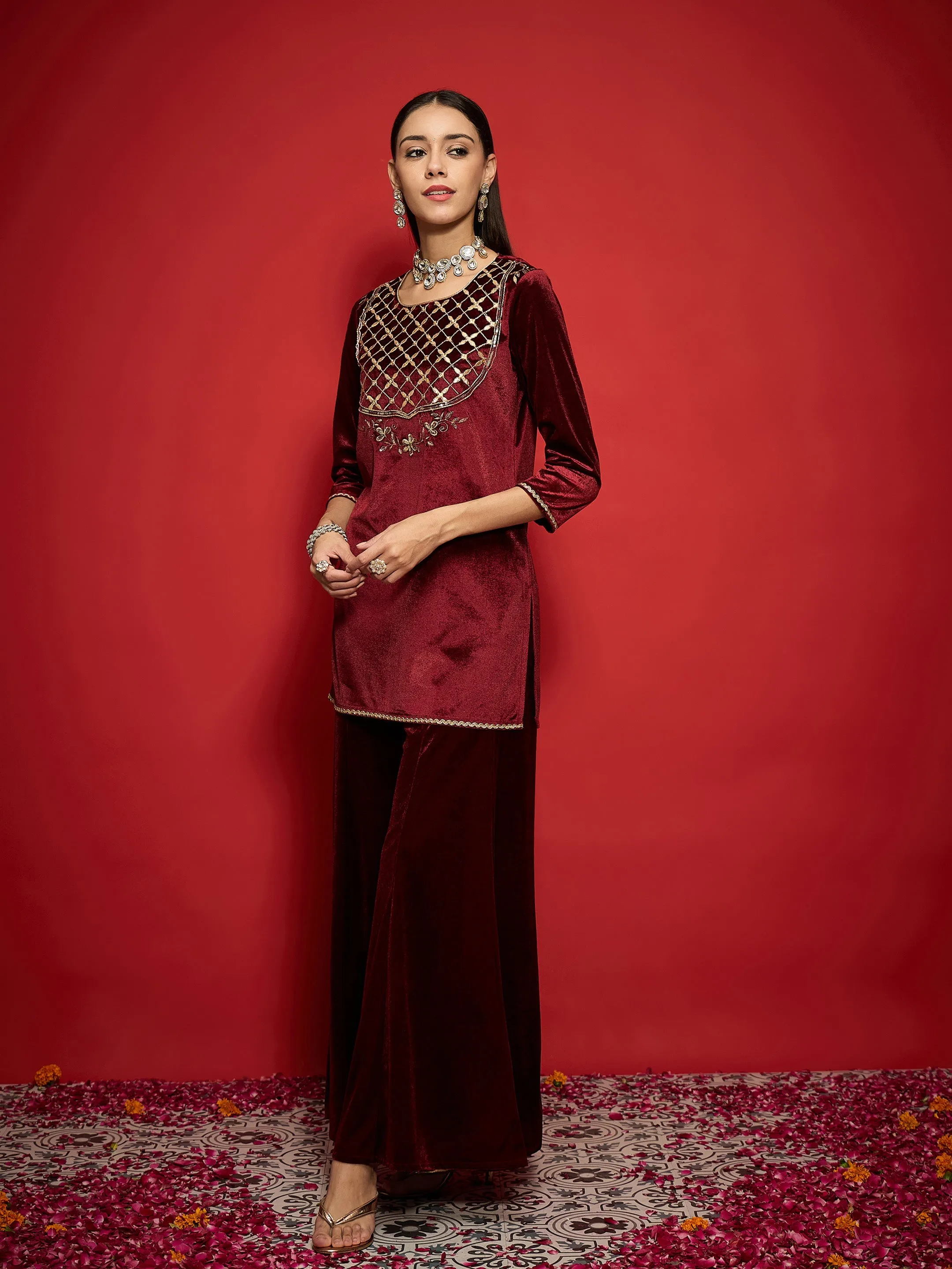 Women Maroon Velvet Front Embroidered Short Kurta With Palazzo Pants