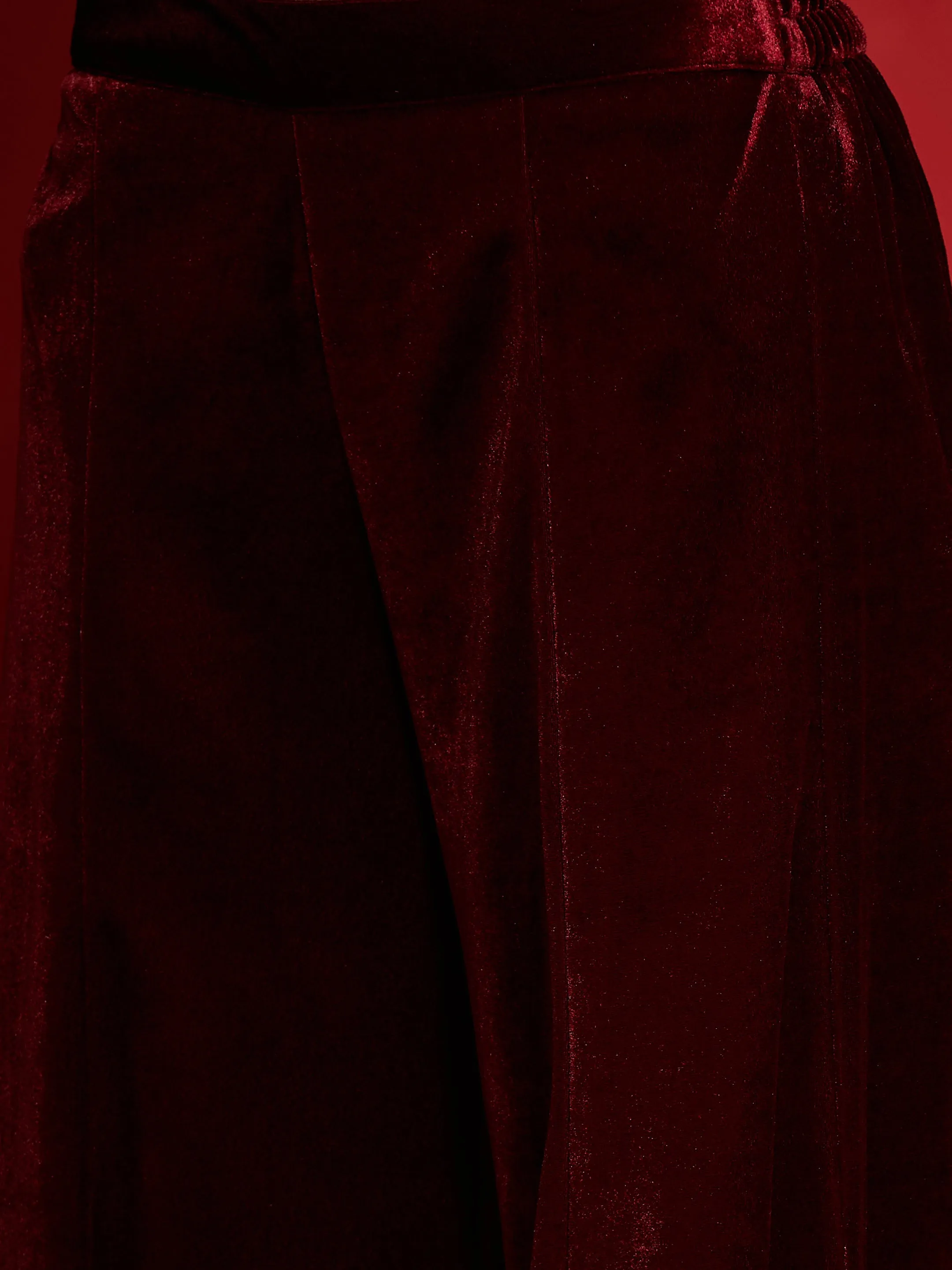 Women Maroon Velvet Front Embroidered Short Kurta With Palazzo Pants