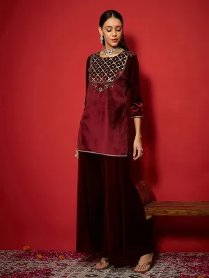 Women Maroon Velvet Front Embroidered Short Kurta With Palazzo Pants