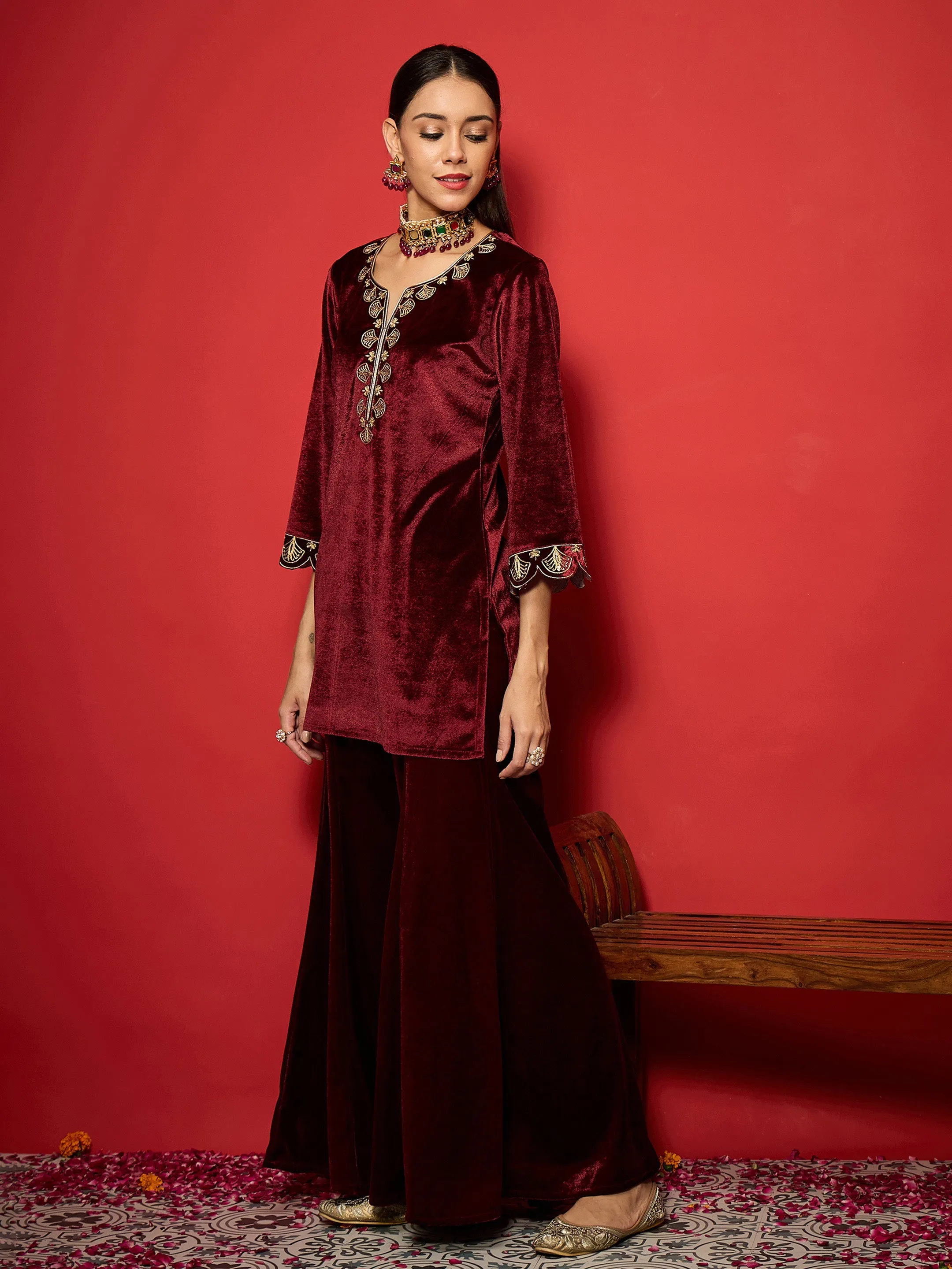 Women Maroon Velvet V-Neck Short Kurta With Palazzo Pants
