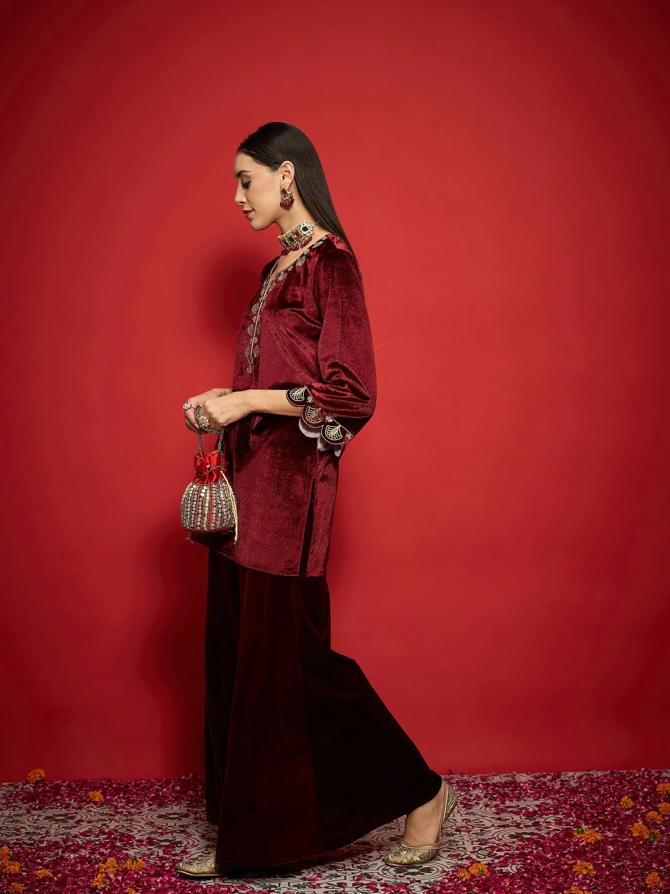 Women Maroon Velvet V-Neck Short Kurta With Palazzo Pants