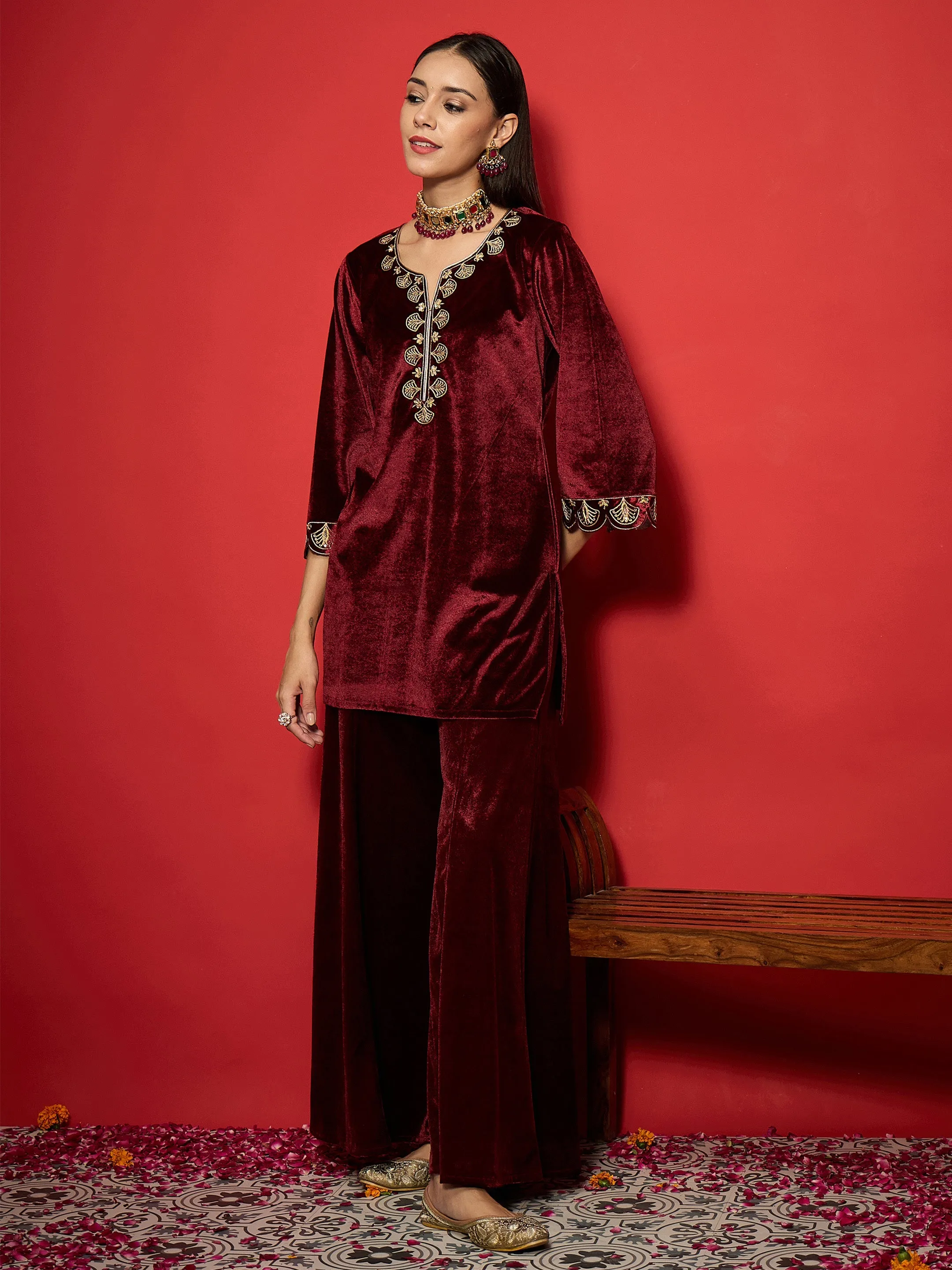 Women Maroon Velvet V-Neck Short Kurta With Palazzo Pants