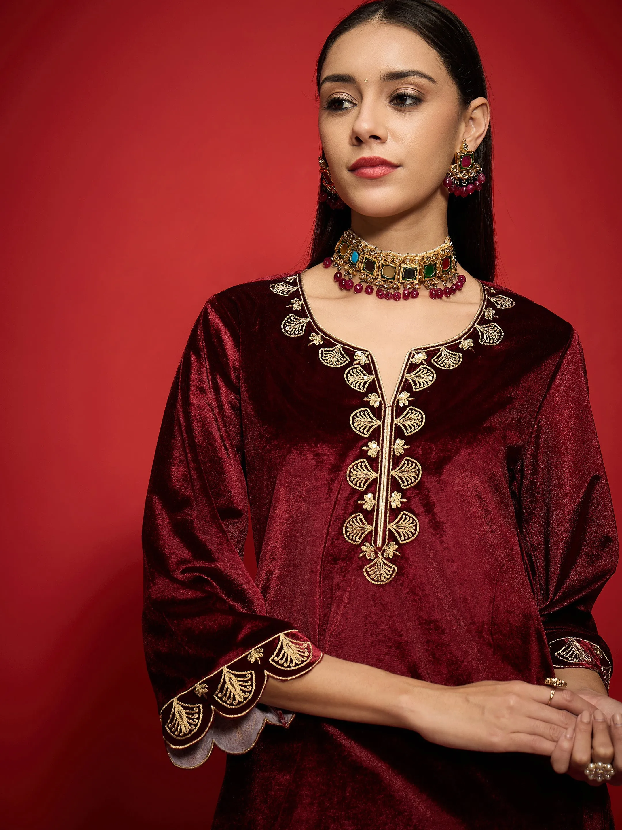 Women Maroon Velvet V-Neck Short Kurta With Palazzo Pants