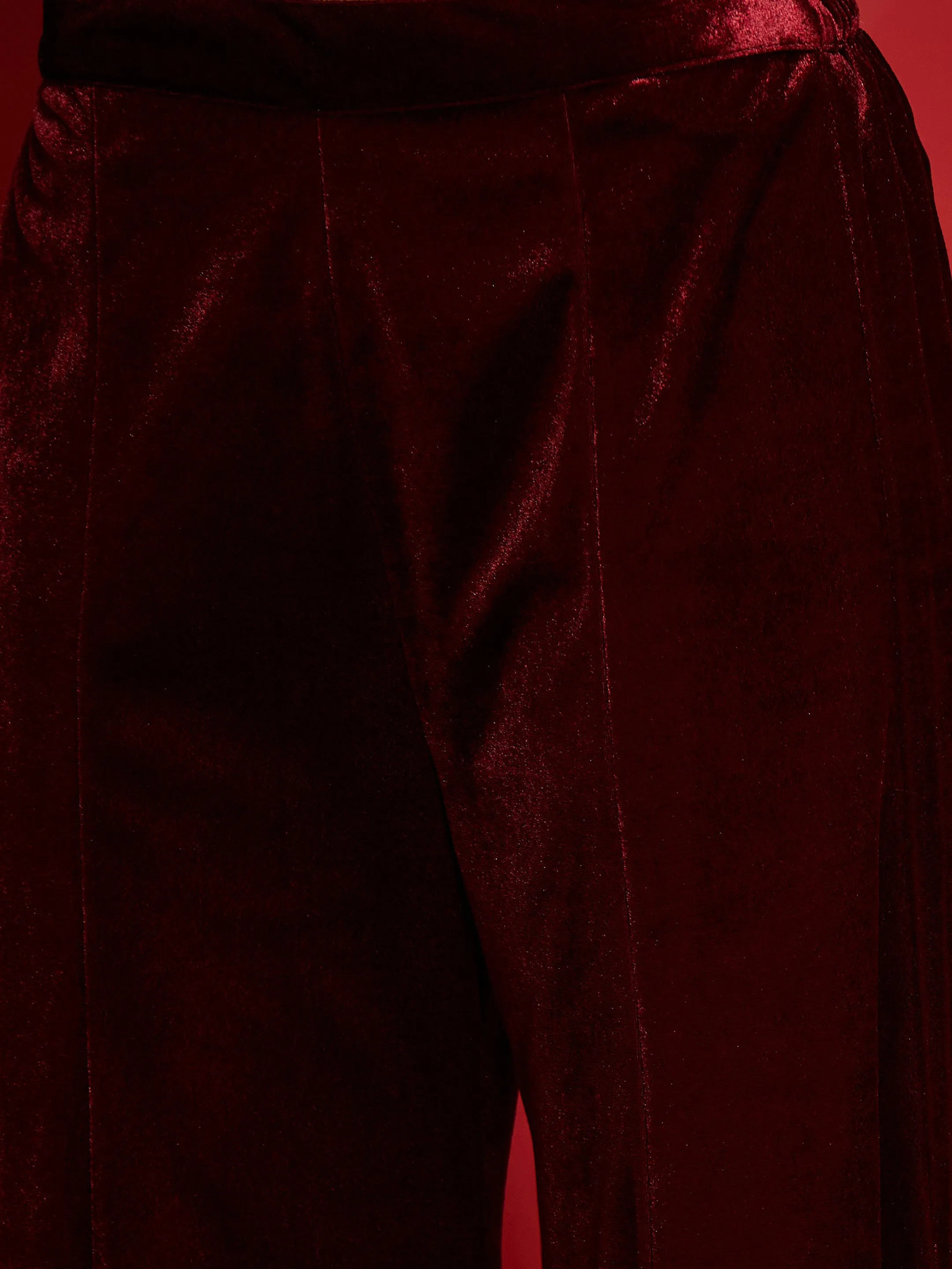 Women Maroon Velvet V-Neck Short Kurta With Palazzo Pants