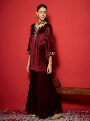 Women Maroon Velvet V-Neck Short Kurta With Palazzo Pants