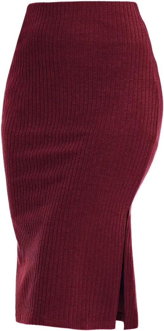 Women's Knee Length Knit Pencil Skirt Stretchy Side Slit Bodycon Midi Skirt