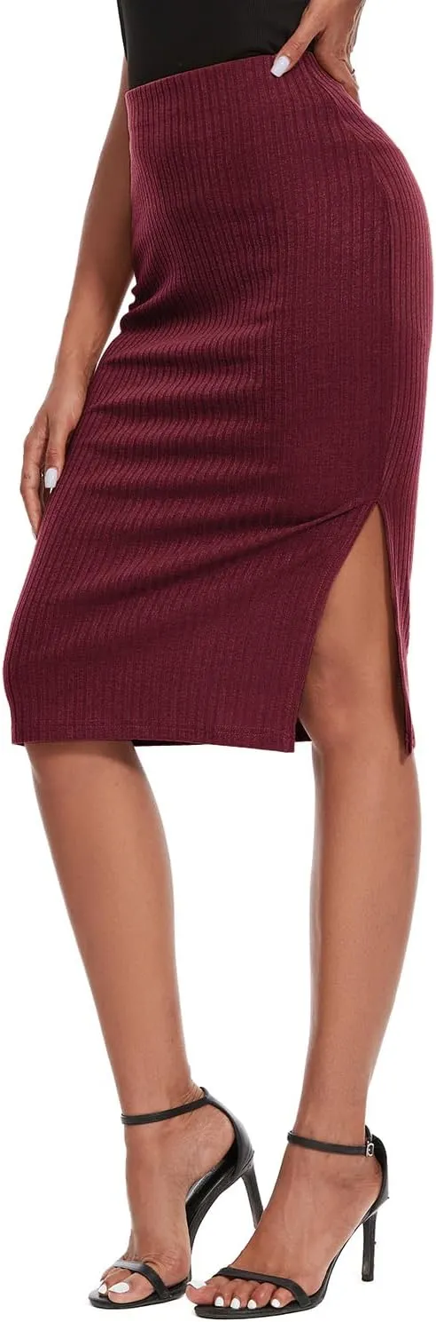 Women's Knee Length Knit Pencil Skirt Stretchy Side Slit Bodycon Midi Skirt