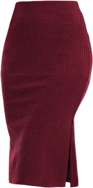 Women's Knee Length Knit Pencil Skirt Stretchy Side Slit Bodycon Midi Skirt