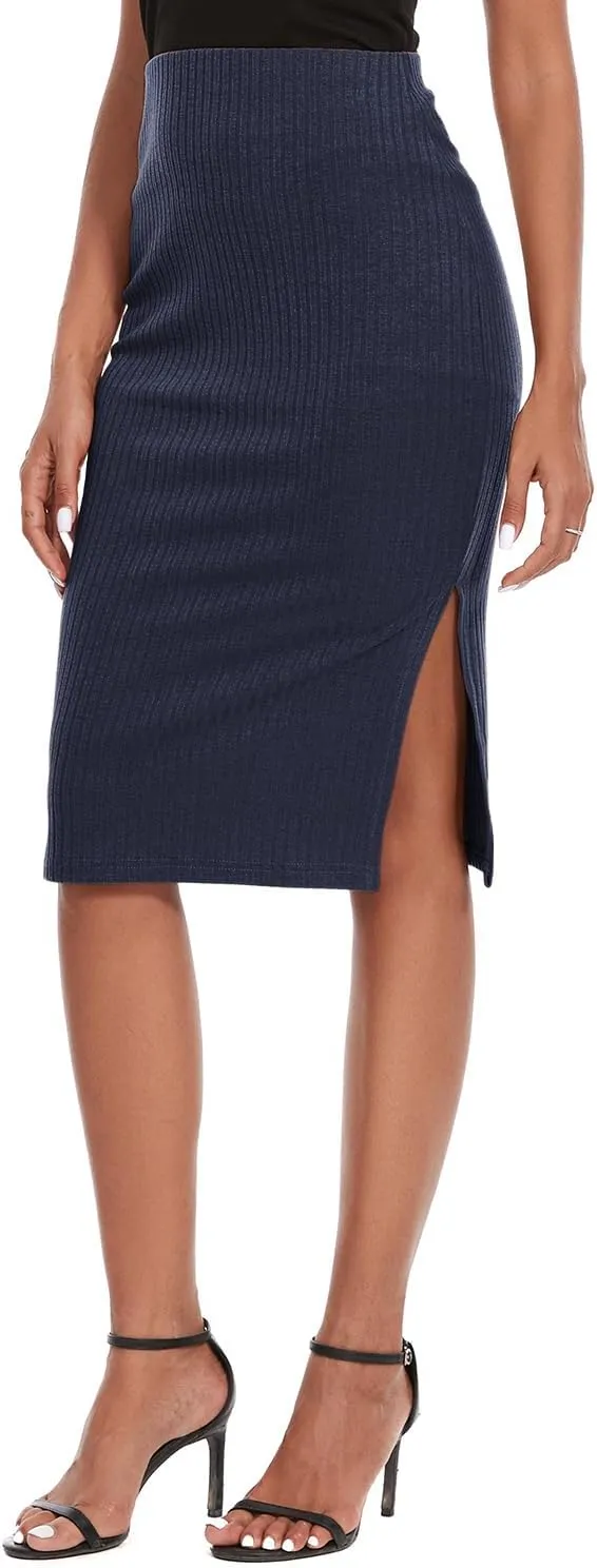 Women's Knee Length Knit Pencil Skirt Stretchy Side Slit Bodycon Midi Skirt