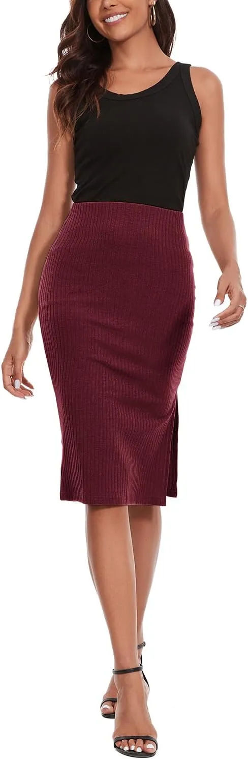 Women's Knee Length Knit Pencil Skirt Stretchy Side Slit Bodycon Midi Skirt