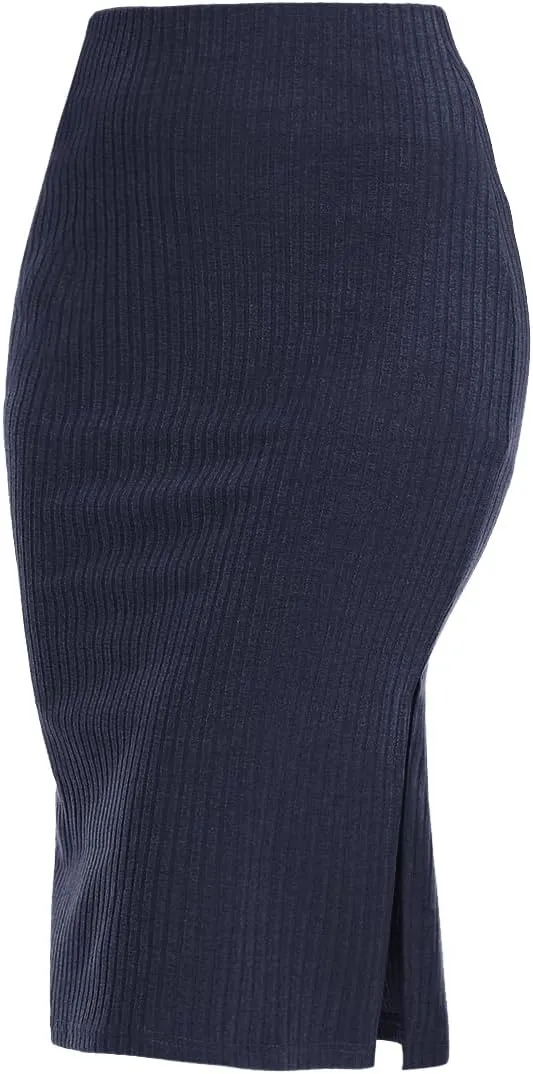 Women's Knee Length Knit Pencil Skirt Stretchy Side Slit Bodycon Midi Skirt