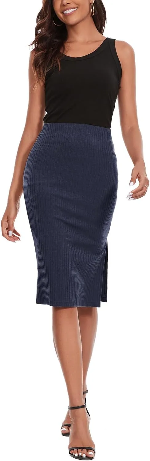 Women's Knee Length Knit Pencil Skirt Stretchy Side Slit Bodycon Midi Skirt
