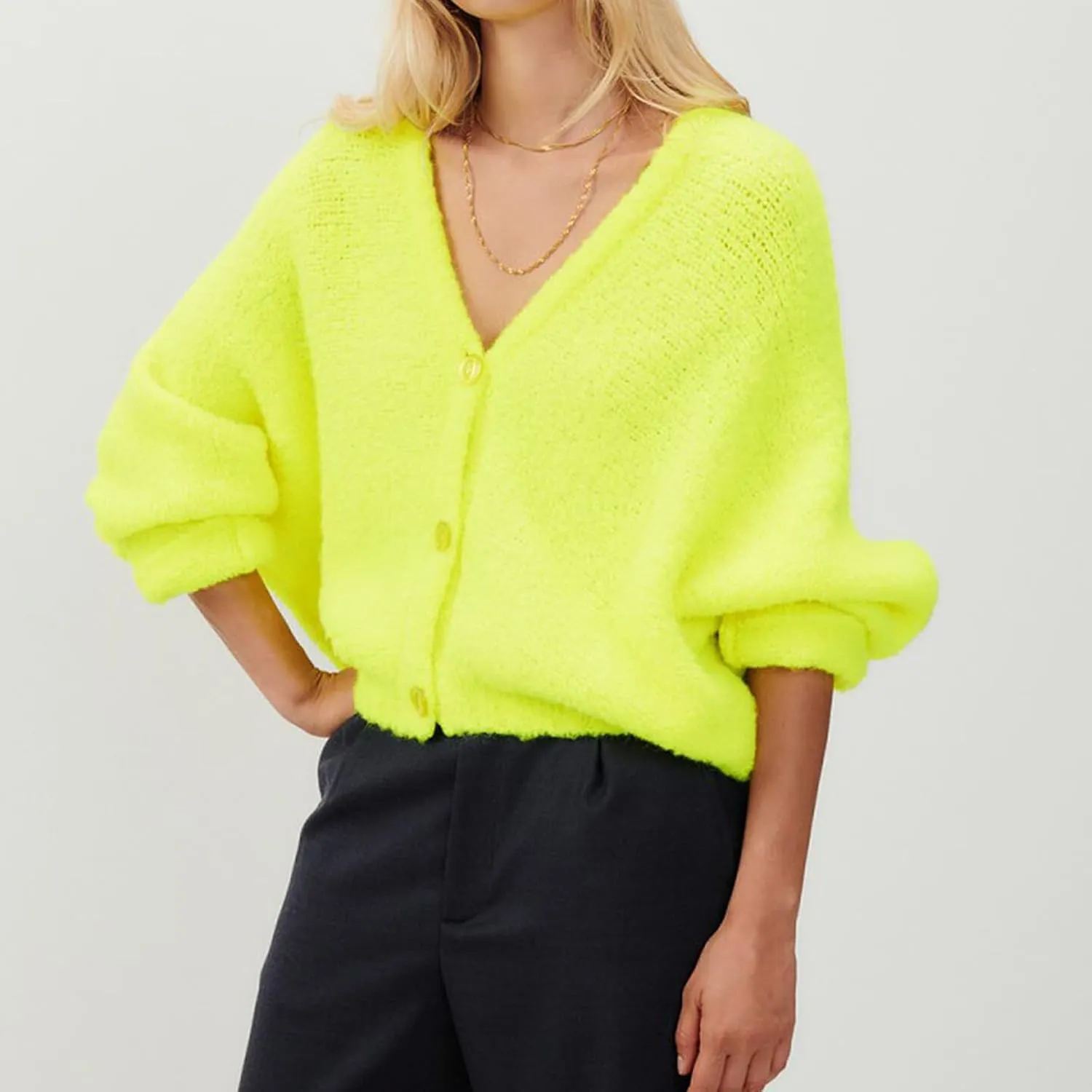 Women's Oversized Chunky Cardigan Deep V Neck Fuzzy Long Sleeve Button Down Closure Sweater Cardigan