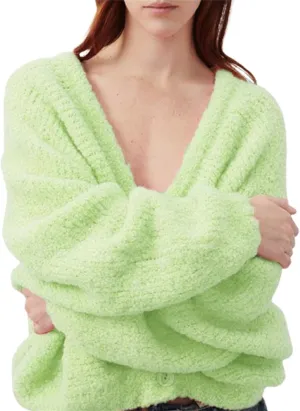 Women's Oversized Chunky Cardigan Deep V Neck Fuzzy Long Sleeve Button Down Closure Sweater Cardigan