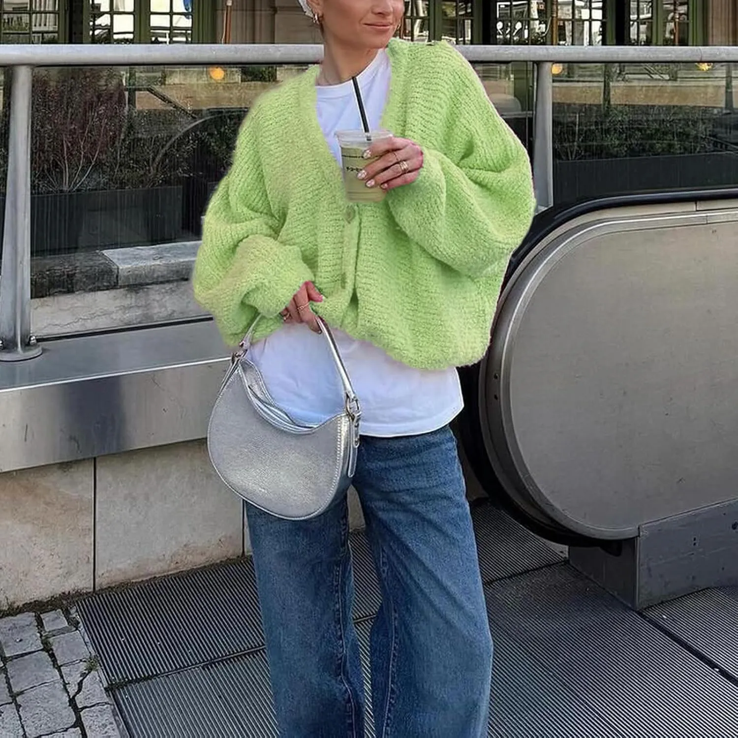 Women's Oversized Chunky Cardigan Deep V Neck Fuzzy Long Sleeve Button Down Closure Sweater Cardigan