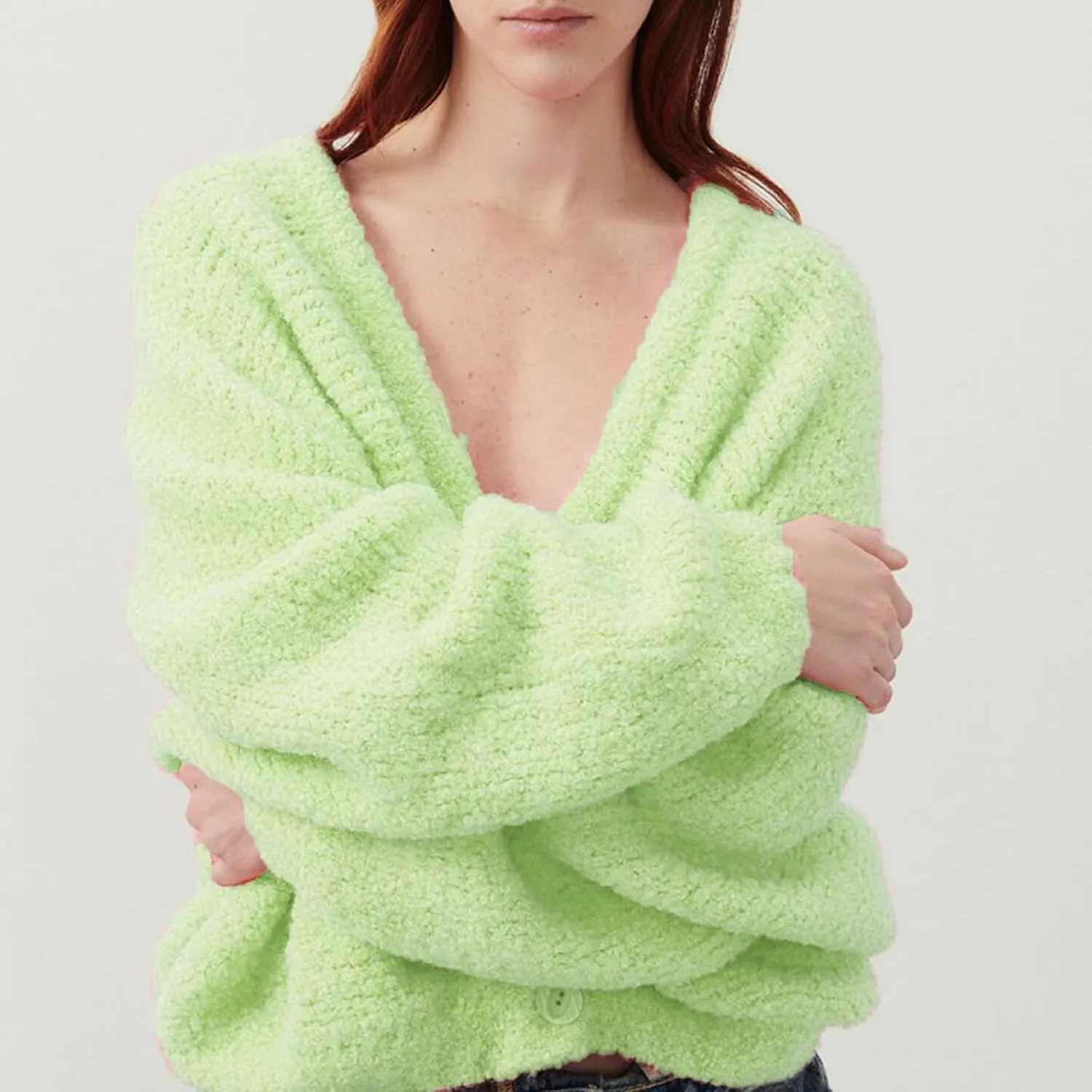 Women's Oversized Chunky Cardigan Deep V Neck Fuzzy Long Sleeve Button Down Closure Sweater Cardigan