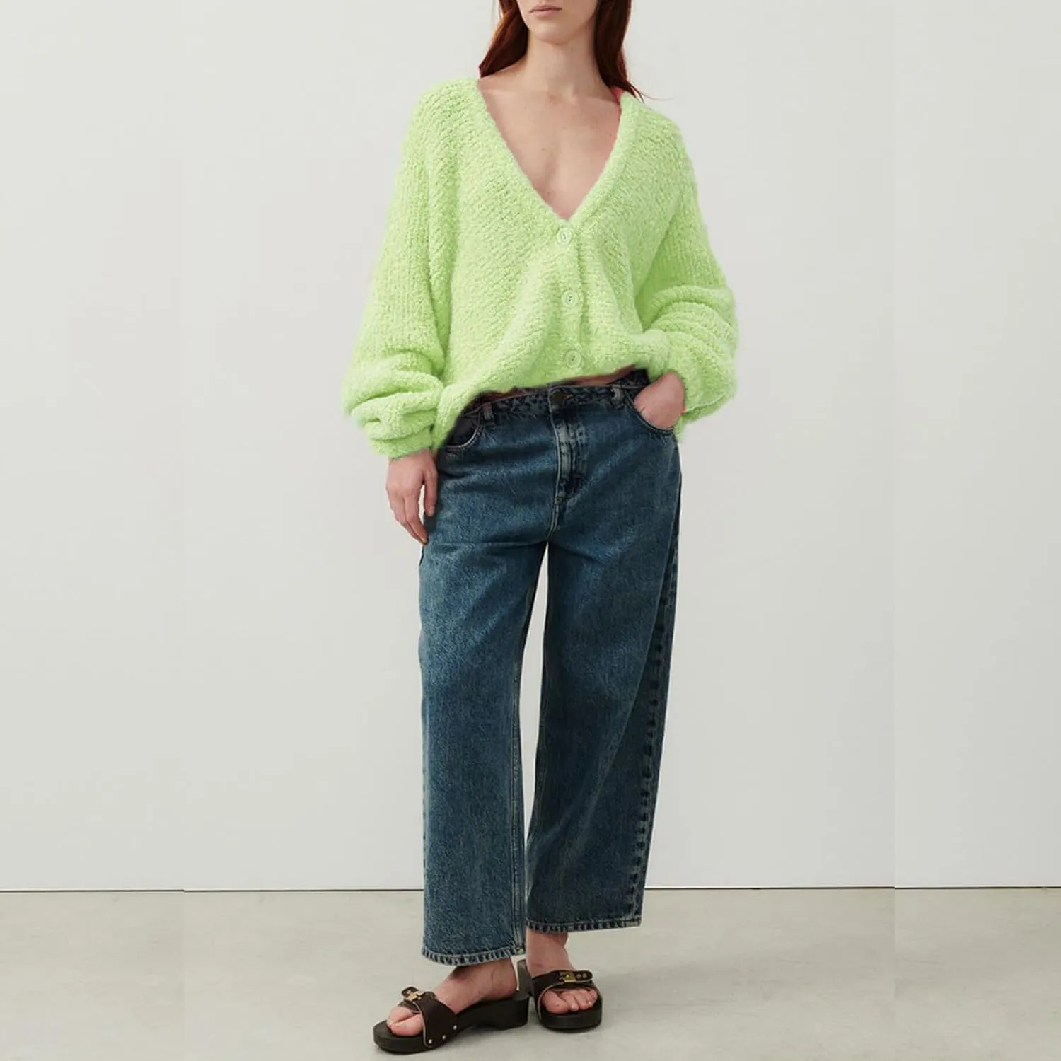 Women's Oversized Chunky Cardigan Deep V Neck Fuzzy Long Sleeve Button Down Closure Sweater Cardigan