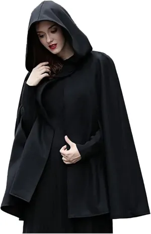 XUNRYAN Women's Winter Fall Wool-Blend Hooded Cape Coats Poncho Cropped Cloak with Hood Halloween Christmas Costumes