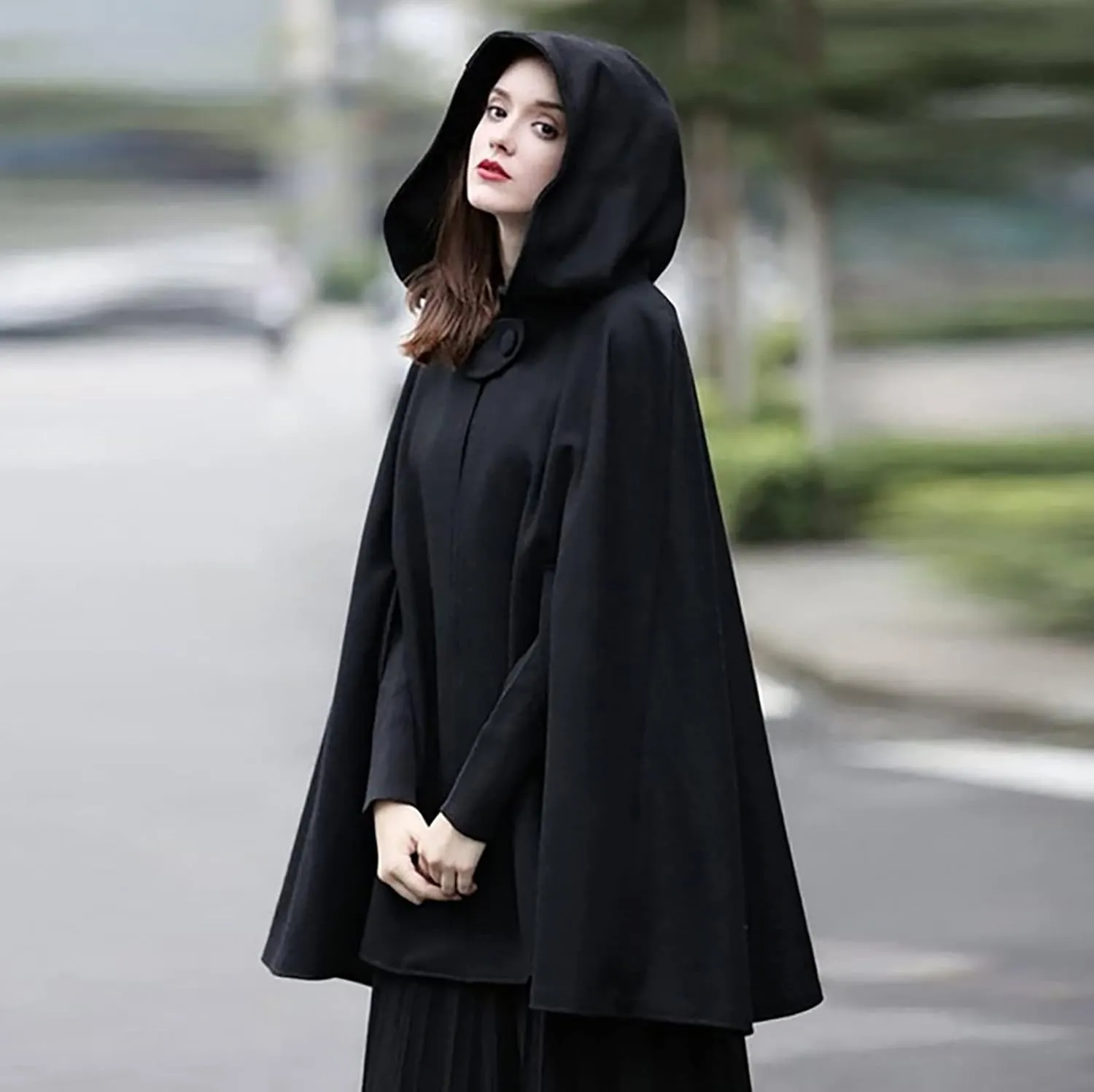 XUNRYAN Women's Winter Fall Wool-Blend Hooded Cape Coats Poncho Cropped Cloak with Hood Halloween Christmas Costumes