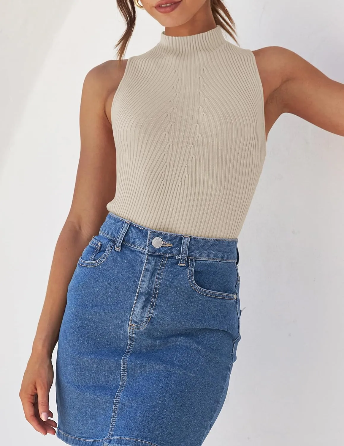ZESICA Women's Summer Ribbed High Neck Tank Tops Slim Fit Fashion Casual Basic Knit Sleeveless Shirts