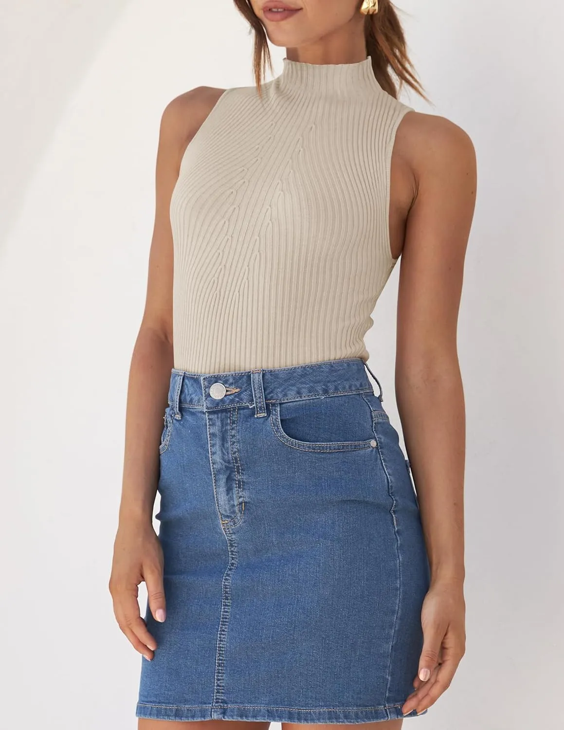 ZESICA Women's Summer Ribbed High Neck Tank Tops Slim Fit Fashion Casual Basic Knit Sleeveless Shirts