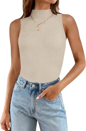 ZESICA Women's Summer Ribbed High Neck Tank Tops Slim Fit Fashion Casual Basic Knit Sleeveless Shirts